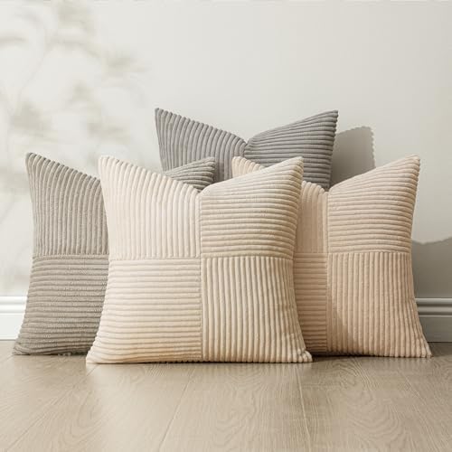 MIULEE Neutral Decorative Throw Pillow Covers 16x16 Inch Set of 4 for Livingroom Couch Sofa Modern Farmhouse Soft Corduroy Cushion Cases Striped Patchwork Home Decor (Cream,Grey) - Image 4