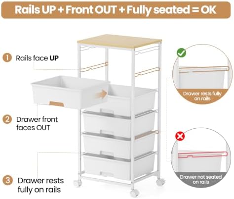 6 Drawer Rolling Storage Cart with Wooden Top and Wheels for Crafts,White - Image 6