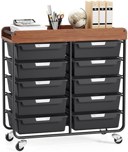 10 Drawers Rolling Cart with Wooden Tabletop, Utility Storage Cart with Wheels, Art Supply Craft Organizer on Wheel with Metal Frame & Handles for Home Office School,Black by APEXCHASER