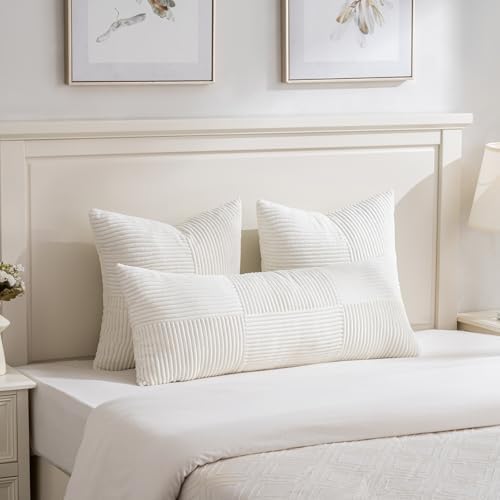 Fancy Homi Set of 2 Cream White Boho Long Lumbar Body Decorative Throw Pillow Cover 14x36 Inch for Bed Couch Bedroom Bench, Soft Patchwork Corduroy Textured Pillow Case, Rustic Farmhouse Room Décor - Image 2