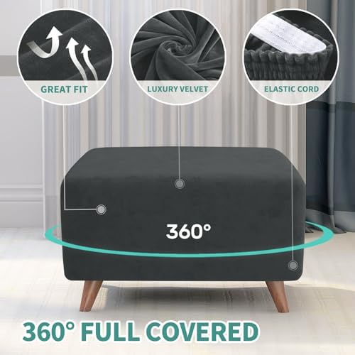 MAXIJIN Velvet Ottoman Cover Rectangular Stretch Square Ottoman Covers Slipcover Rectangle Washable Foot Stool Cover Thick Storage Protector with Elastic Bottom (Ottoman XX-Large, Grey) - Image 4