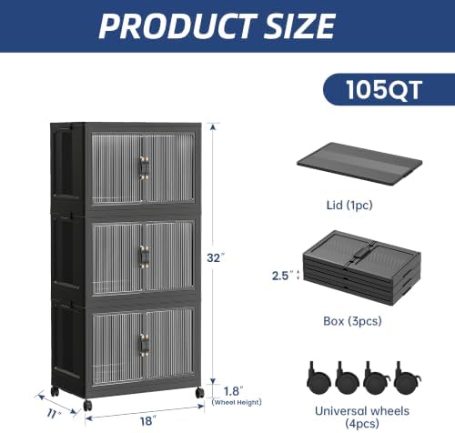 SAILUN 105Qt Stackable Storage Bins,Storage Cabinet with a Lid,3 Pack Black - Image 4