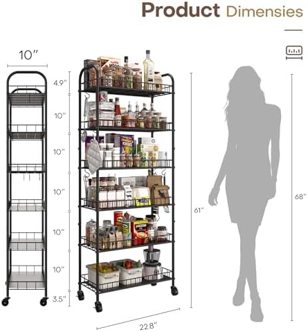 6 Tier Slim Storage Cart with Wheels, Metal Mobile Shelving Unit Organizer Utility Cart for Office Bathroom Kitchen Laundry Room Narrow Places (10inches) - Image 5