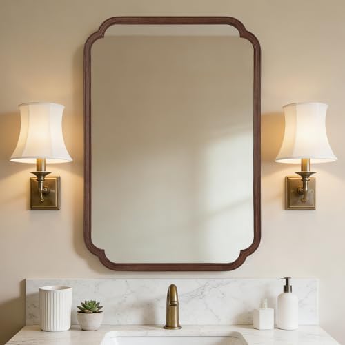 WallBeyond 28" x 40" Wood Bathroom Mirror for Wall Mounted, Rustic Rounded Corner Vanity Mirror for Entryway, Living Room or Bedroom Home Decorative [28" x 40" Walnut Color] by WallBeyond