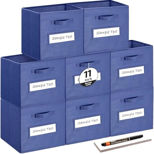 Fabric storage cubes (Set of 8) 11 Inch Cube Storage Bin, Cube storage with 8 Labels Window Cards & a Pen, Foldable cube organizer bins,11x11 Storage bin, Cubby Organizer Boxes, Navy Blue by Artsdi
