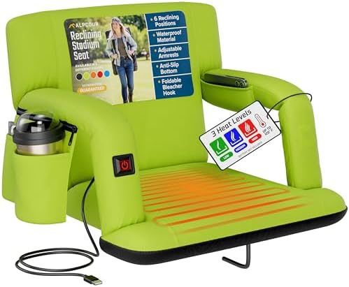 Alpcour Heated Reclining Stadium Seat for Bleachers – Wide Bleacher Chair with Back Support and Cushion, Armrests, Side Pockets, & Hook – Stadium Seats Chairs for Camping, Kayak, Paddle Board & More by Alpcour