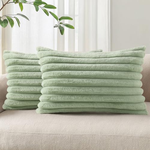 Pallene Faux Fur Decorative Throw Pillow Covers 12x20 Set of 2, Sage Green by PALLENE