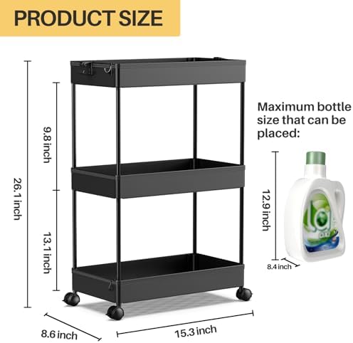 SPACEKEEPER 3 Tier Rolling Cart, Bathroom Cart Organizer with Wheels, Black - Image 4