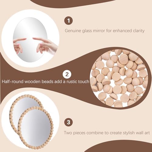 2 Set Boho Mirror Wall Décor DIY Kit, 8" Round Glass Mirror with Wood Beads, Rustic Farmhouse Decorative Wall Art for Living Room, Bedroom, Entryway (Assembly Required) - Image 3