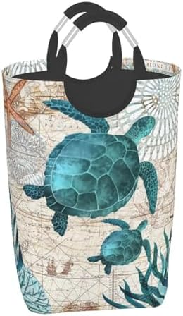 LIBIFALL Vintage Sea Turtle Large Laundry Basket Beach Decor Laundry Hamper Bag Collapsible Laundry Baskets Clothes Hamper with Handles Ocean Storage Baskets For Bathroom Family 50L - Image 2
