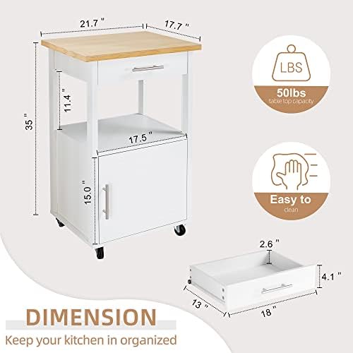 Shintenchi Kitchen Island Cart with Storage,Rolling Side Table on Wheels with Worktop,Single Door Cabinet and Drawer for Dinning Room, White - Image 4