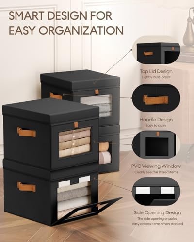 Homsorout Storage Bins with Lid – Closet Organizer with Side Opening and Clear Window, Foldable Stackable Fabric Basket for Clothes, Home, Office - 13.77" x 11.8" x 9.8", 6 Pack, Black - Image 2