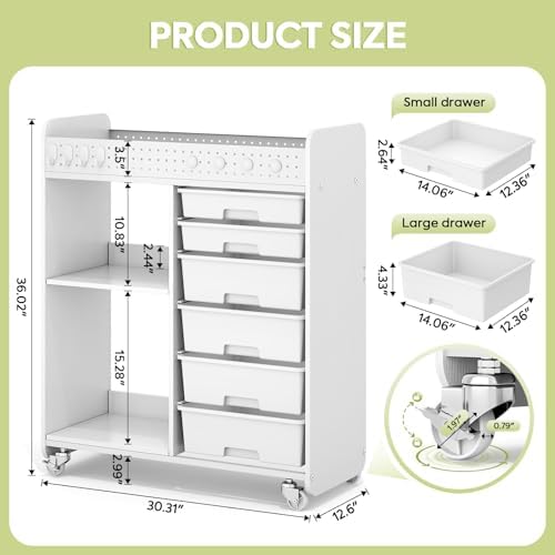 Rolling Craft Cart with 6 Drawers, Pegboard and Locking Wheels White - Image 3