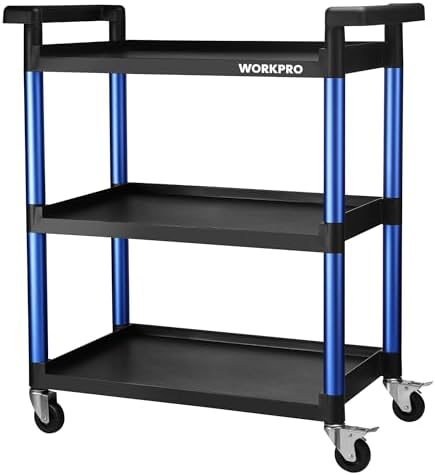 WORKPRO 3-Tier Service Utility Cart, 400LBS Plastic Rolling Cart with Handles & Lockable Wheels, Heavy Duty Storage Cart for Restaurant, Kitchen, Office, Garage, Warehouse by WORKPRO