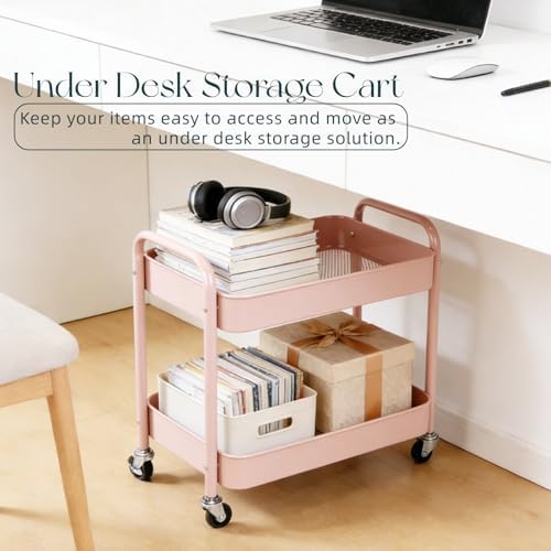 2 Tier Pink Rolling Cart with Wheels for Under Desk Storage, Large Capacity Rolling Pantry & Kitchen Storage Cart for Small Space, Sturdy Metal Bathroom Shelf Laundry Room Organization - Image 3