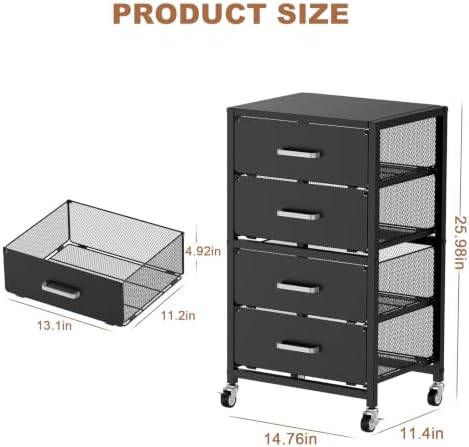 4-Drawers Metal Rolling Cart, Utility Storage Cart with Wheels - Image 3