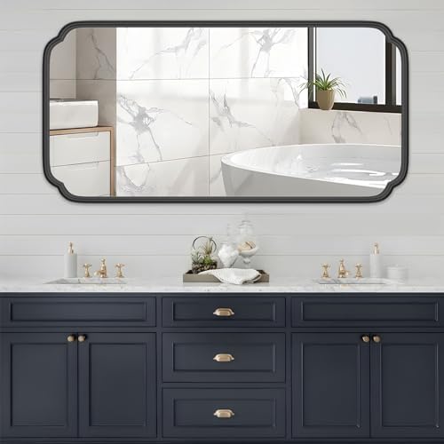 Ferytange 48 x 24 Inch Black Bathroom Vanity Mirror for Wall with Metal Frame Modern Rectangle Rounded Corner Wall Decor Mirror for Big Bathroom Over Sink (Horizontal/Vertical) by FerytangeHome