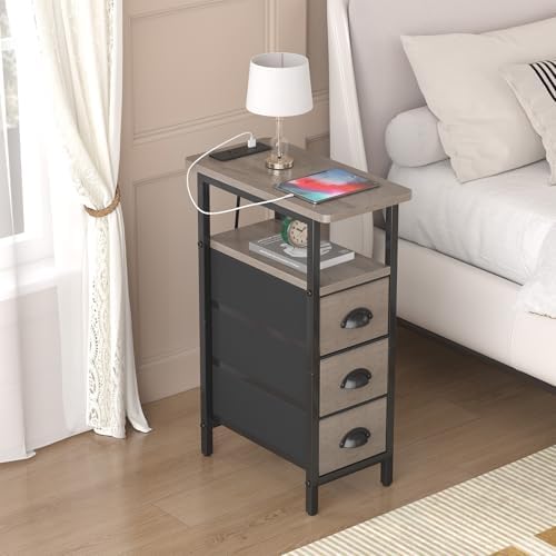 shtmec Narrow End Table Set of 2 with Charging Station, Side Tables Set 2 with Fabric Drawers, Small Bedside Tables Nightstands for Small Space, Slim Sofa Couch Table for Livingroom, Grey - Image 6