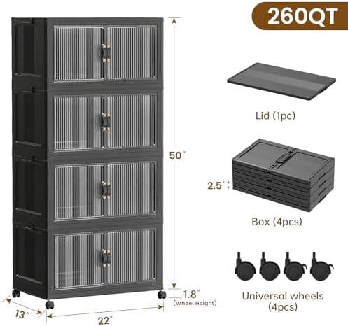 SAILUN 260Qt Stackable Storage Bins,Storage Cabinet with a Lid,4 Pack Black - Image 2