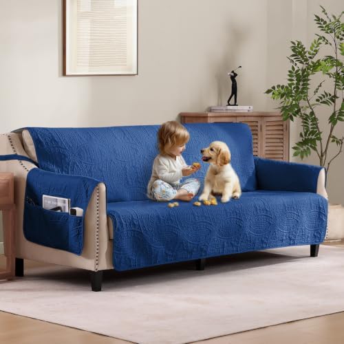 Quilted Grand Sofa Covers for 4 Cushion Couch, Couch Cover for Grand Sofa Washable, Soft Cozy Couch Protector, Oversized Grand Sofa Slipcovers Water-Repellent (Grand Sofa 98", Blue) by Pamhaven
