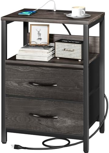 Yoobure Nightstand with Charging Station, Small Night Stand with Fabric Drawers and Storage Shelf for Bedrooms, Nightstands for Small Spaces, Bedside Table with USB Ports & Outlets, Bed Side Table by Yoobure