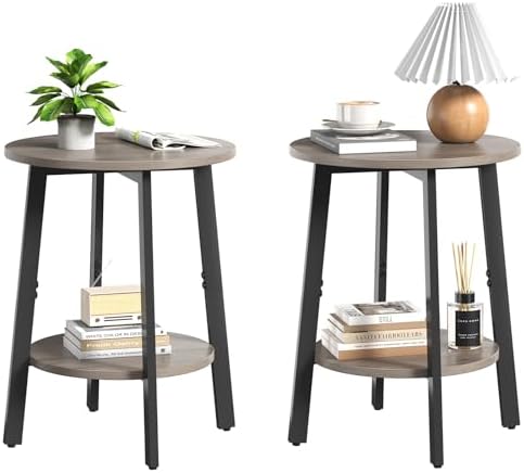 sthmec Side Table Set of 2, Small Round End Table with Storage Shelf for Small Space, 2-Tier Bedside Table Sofa Couch Table, Nighstands Set of 2 Accent Table for Living Room, Bedroom, Grey by Unknown