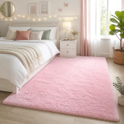 Ophanie Pink Rug for Bedroom Girls, Kids Fluffy Kawaii Fuzzy Furry Shag Area Rug, Cute Plush Soft Shaggy Bedside Indoor Floor 4x6 Carpet for Teen Nursery Dorm Home Room Decor Aesthetic by Ophanie