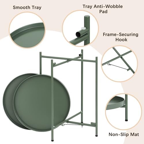 2-Tier Round End Side Table, Small Metal Side Table with Removable Tray, Folding Accent Tables for Living Room, Balcony, Nightstand for Bedroom, Outdoor Tables for Patio, Sage Green - Image 4