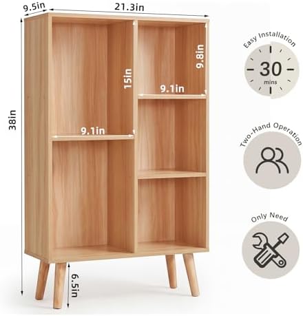 YAHARBO Small Natural Narrow Bookshelf,4 Tier Modern Bookcase with Legs,Bookshelves Wood Storage Shelf,Rustic Book Shelves Cube Organizer,Display Bookcase - Image 2