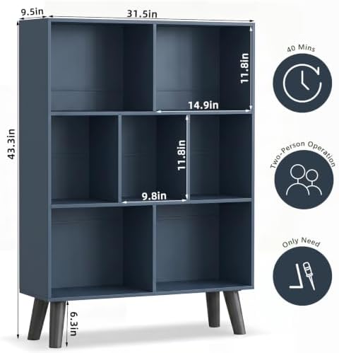 YAHARBO Blue Bookshelf,3 Tier Book Shelf with Legs, 7 Cube Minimalist Bookcase,Storage Organizer Shelves Display Bookcases for Bedroom,Living Room - Image 2