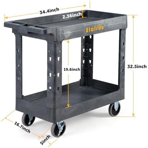 ELAFROS 2-Tier Heavy Duty Rolling Cart, 34 x 17 in, 2 Fixed 2 Swivel, Gray - Image 2