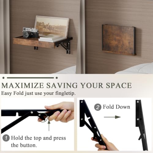 TEAMIX Wall Mounted Bedside Shelf, Wood Floating Nightstand, Folding Bedside Table for Small Space Bedroom, Living Room Organizer Storage Phone,Glasses, Books (Brown, Basic) - Image 5