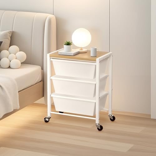 Rolling Cart with 3 Drawers, Plastic Drawer Storage Carts with Lockable Wheels & Wooden Tabletop, Metal Utility Cart Organizer, Office Bedroom Classroom Craft Organization and Storage, Bright White - Image 2