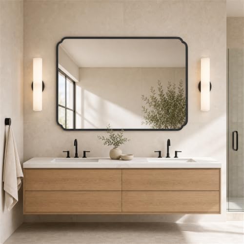 Ferytange Matte Black Bathroom Mirror 55×36 Inch, Large Rounded Rectangle Metal Framed Wall Mount Vanity Mirror, Farmhouse Decor, Anti‑Rust Tempered Glass, Hangs Horizontally or Vertically - Image 4