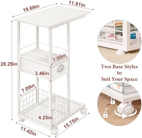 Rolling Side Table with Storage Drawer, White Bedside Table with Wheels, TV Tray for Sofa, Portable Desk on Wheels, Modern Night Stand, Overbed Table for Bedroom, C Shaped End Tables Living Room - Image 3