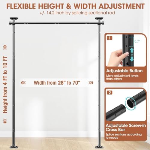SUNALLY Room Divider Curtain Rod, No Drilling Room Separator for Space Partition Adjustable 4-10ft(H) 28-70inch(W) Heavy Duty Temporary Wall Divider Floor to Ceiling Tension Rod, Black - Image 2
