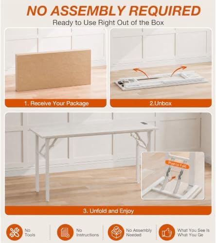 XBurmo Small Folding Desk Folding Table, No Assembly Foldable Desk Gaming Desk, 55.1-Inch Computer Table Workstation with 2 AC Outlets and 2 USB Ports for Bedroom and Home Office, White Ash - Image 3