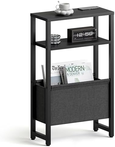 Narrow Side Table, Slim End Table with Magazine Rack, Skinny Bedside Table for Small Spaces, 3 Tier Sofa Couch Table Nightstand for Living Room, Bedroom, Black LET503B by IRCPEN