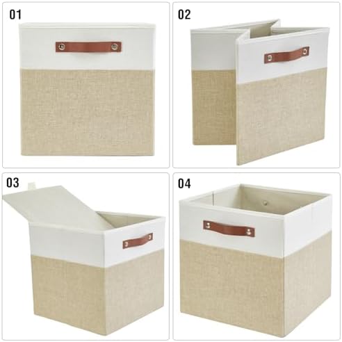 Bagnizer 13x15x13 Storage Cube Bins, Foldable Storage Organizer Baskets, Fabric Cube Storage Boxes with 2 Reinforced PU Handles for Kallax, Shelves, Living Room | 4 Pack, Beige & White - Image 6