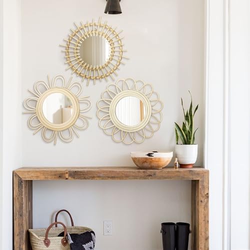 Briful Beige Wall Mirrors Decor Set of 3 Wooden Round Wall Mirrors Wall-Mounted Sunburst Mirrors Hanging Wall Art for Living Room Home Indoor Bedroom Decor - Image 4