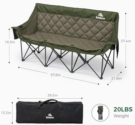 Padded 3 Person Camping Chair, Oversized Camping Couch Support 660lb, Green - Image 3