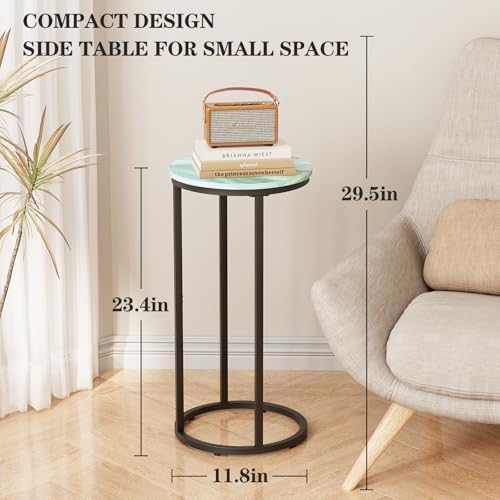 C Shaped end Table,Wood Round Side Table for Couch,Small Sofa Table with Metal Frame for Bedroom,Living Room,Bedside,Sea Blue(11.81" D x 11.81" W x 23.62" H) - Image 3