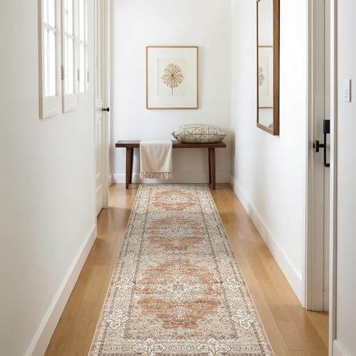 3x10 Washable Hallway Runner Rug - Non-Slip Vintage Rugs Terracotta Beige - Image 2