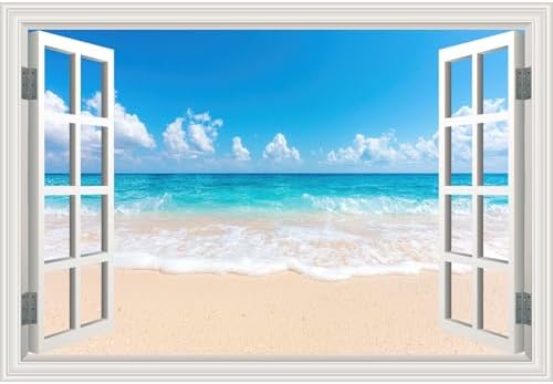 Fake Window Wall Decal- Summer Beach Ocean Landscape Open Wall Art Sticker | Faux Window Seascape Natural Scenery Landscape Mural｜ Stick and Peel Decals｜Room Bedroom Office Decor｜48"x32",Set of 2 Sheets by Clickhere