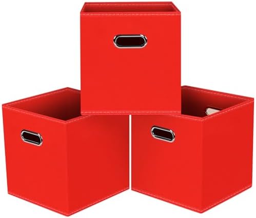 Black Foldable Storage Cubes Bins, Fabric Storage Box Cubes Organizer Baskets with Dual Handles for Home Organizer,Set of 3,(Red) by HEAYEEG