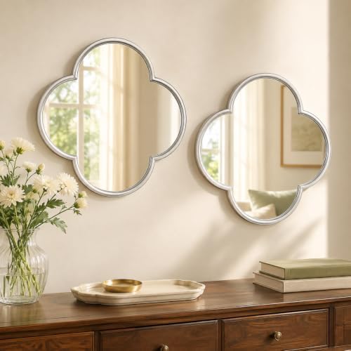 Glass Clover Mirror Set of 2, Non-Distortion Wall Decor Mirrors with Metal Edge, Aesthetic Four Leaf Clover Hanging Mirror for Entryway, Modern Crystal Clear Small Accent Mirror by OPULINEA