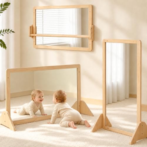 Montessori Mirror with Pull Up Bar, Large 38.2 x 23.6 in Natural Wood & Shatter-Resistant Acrylic Baby Mirror for Tummy Time, Horizontal/Vertical Floor Use, Wall Mounting and Pull-to-Stand by Unknown