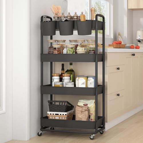 JIUYOTREE 4-Tier Plastic Rolling Storage Cart Utility Cart with Extra Hanging Cups Handles Lockable Wheels for Living Room Bathroom Kitchen Office Black - Image 6