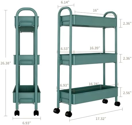 Slim Rolling Cart, Metal Frame Utility Rolling 3-Tier Narrow Storage Cart - Image 2
