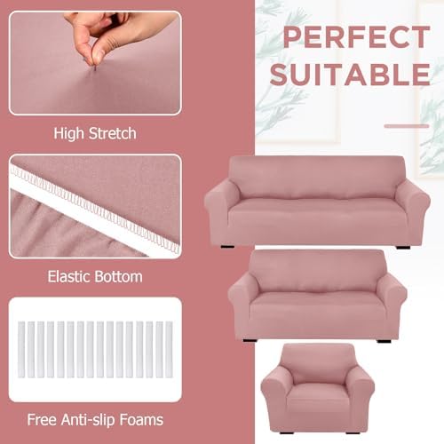 Peryiter 3 Pcs Couch and Loveseat Sofa Covers,Light Pink,Milk Silk - Image 4